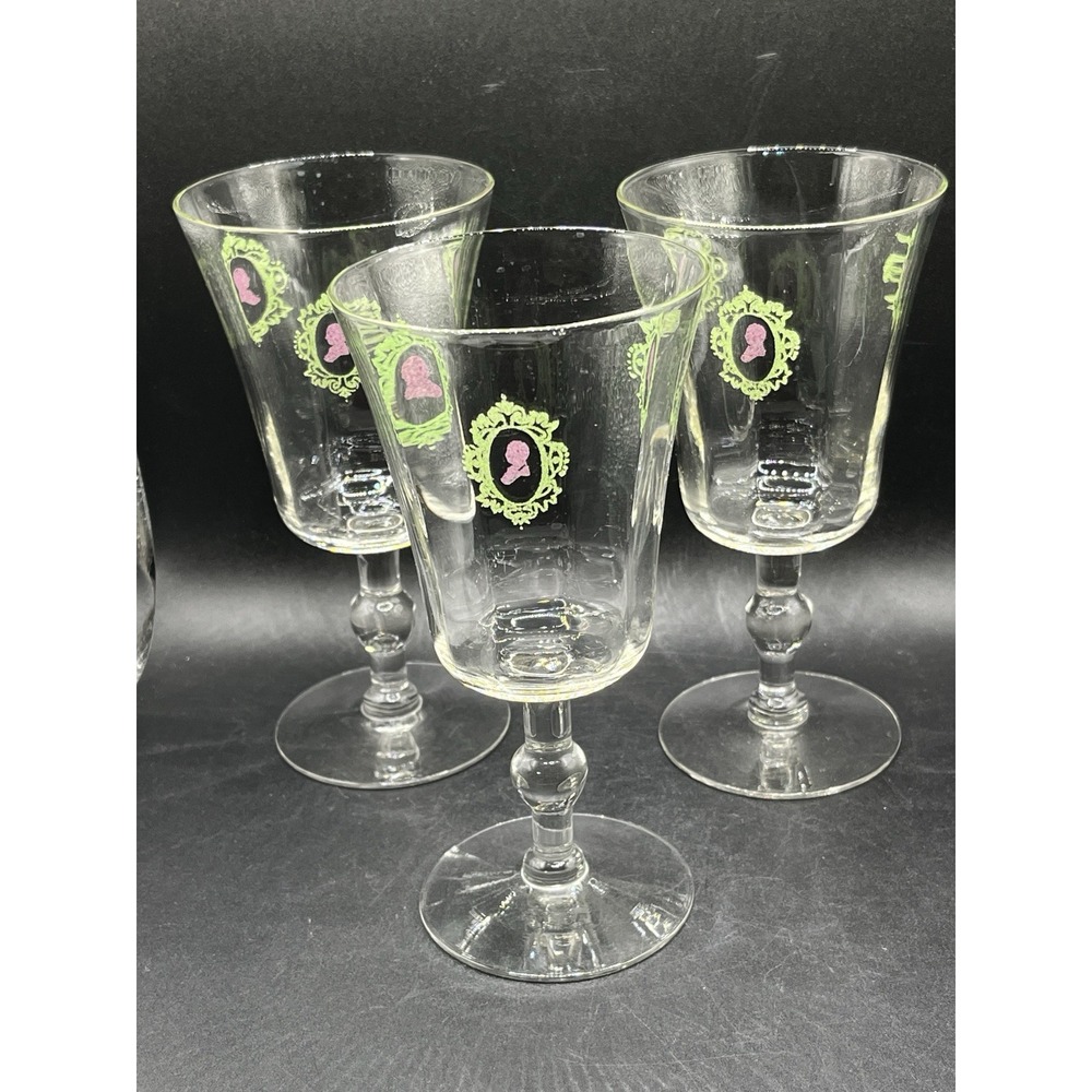 West Virginia‎ Glass 6" Stemmed Goblet w/ Purple & Green Cameo WVG6 Vtg Set Of 3